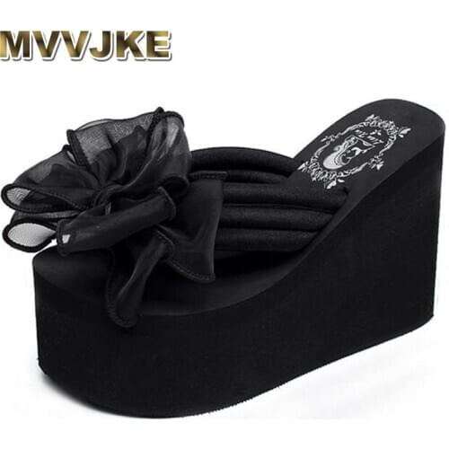 MVVJKE New Women EVA 11cm High Heel Platform Summer Women Wedge Shoes Flip Flops Beach Shoes Bow Wedges Slipper Woman