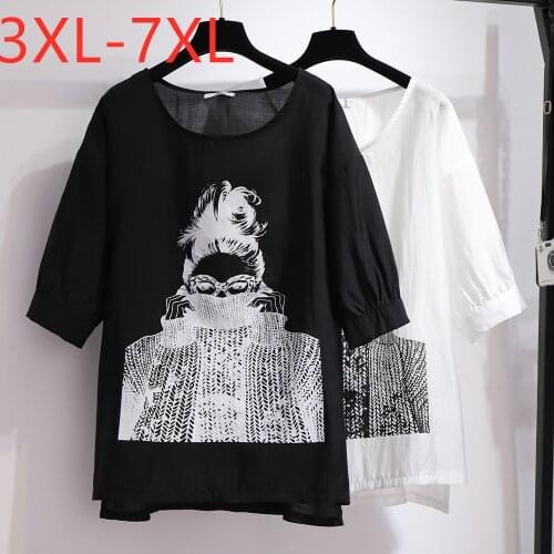 New 2021 summer plus size tops for women large loose short sleeve print black white silk sunscreen T-shirt 3XL 4XL 5XL 6XL 7XL