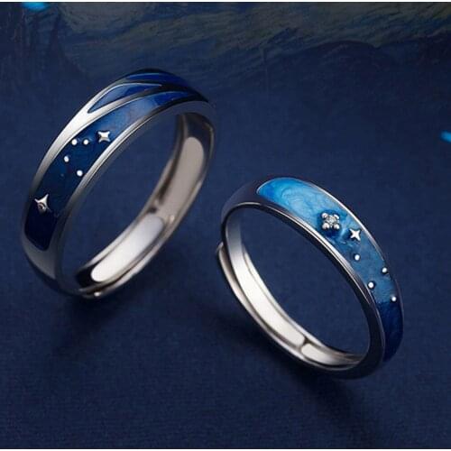Meteor Shower Sun Moon Van Gogh Wave Rings Trendy Simple Geometric Handmade Jewelry for Women Couple Size Adjustable