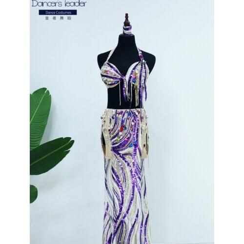2020 New Belly Dance Performance Costume Feature Ribbon Double Split Group Purple Heavy Industry Costume