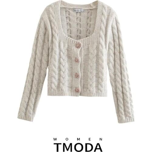 TMODA993 Women New Autumn Winter Knitted Butto Decorati Loose Knit Sweater Coat Retro Solid Color Square Neck Knitted Cardigan