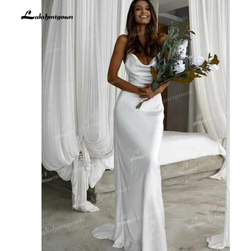 Simple Sheath/Column Soft Satin Ruched Spaghetti Straps Sweep/Brush Train Sleeveless Backless Wedding Dresses vestidos de novia