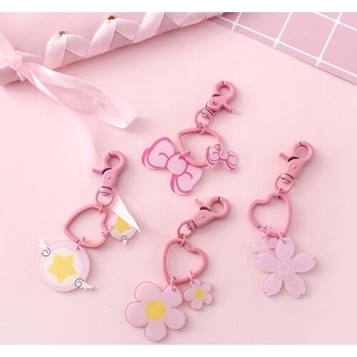 1pcs 9.5cm Cute Pink Peach Cherry Blossom Bow Star Metal Acrylic Keychain Diy Making Bag Car Jewelry Accessories