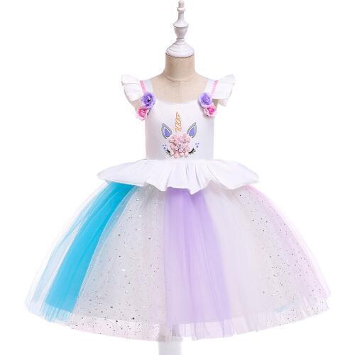2020 Girls Dress Kids Flying Sleeves Unicorn Bodice Rainbow Tulle Dress Girls Party Cosplay Costume