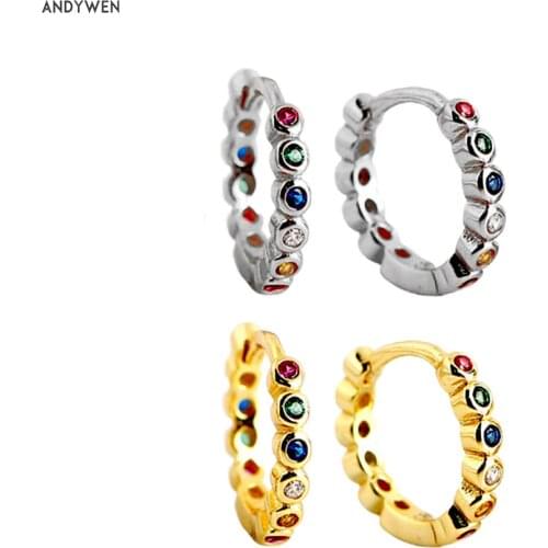 ANDYWEN 925 Sterling Silver 8.5mm Rainbow Hoops Middle Colorful CZ Huggies Earring 2020 Piercing Ohrringe Pendiente Jewelry