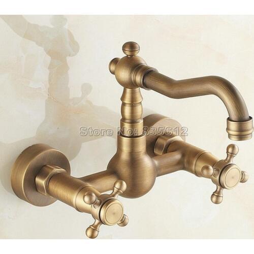 Antique Brass Wall Mounted Kitchen Faucet / Dual Cross Handles Swivel Spout Vessel Sink & Bathroom Basin Mixer Taps Wsf006