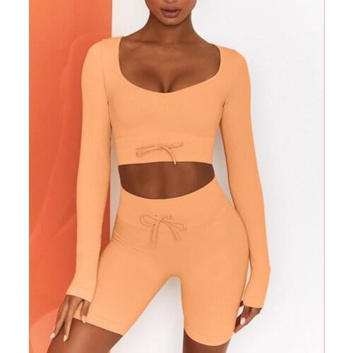 Seamless Knitted Strap Yoga Sets Women Gym Clothes Low-cut Sexy Long Sleeve Crop Top High Waist Fitness Shorts Workout Sport Set