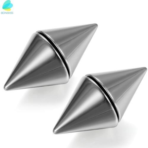 BONISKISS Silver Color -tone 316L Stainless Mens Magnetic No Piercing Double Side Rivet Ear Stud Fake Plug Cheater