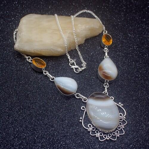 Pure Unique BotswanaAgate HoneyTopaz Silver Color Women Pendant Necklace Chain 18.5 Inch HD573