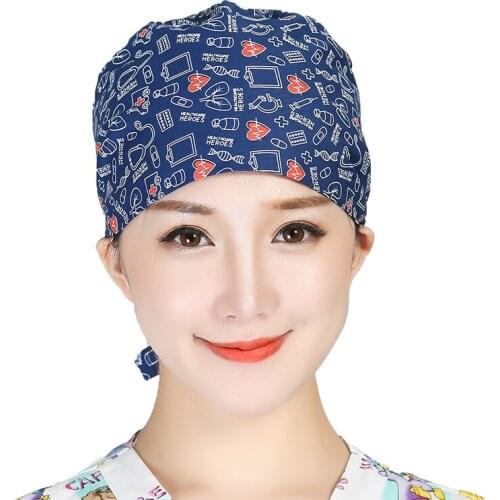 Women Scrubs Caps Cotton Printed Adjustable Sweatband Hats Breathable Bandage Hats Laboratory Beautician Salon Anti-dust Caps