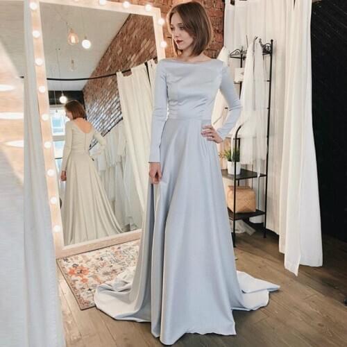 Elegant Muslim Evening Dresses Long Sleeve Dubai Arabic Party Gowns Plain Satin A Line Formal Turkey Middle East Prom