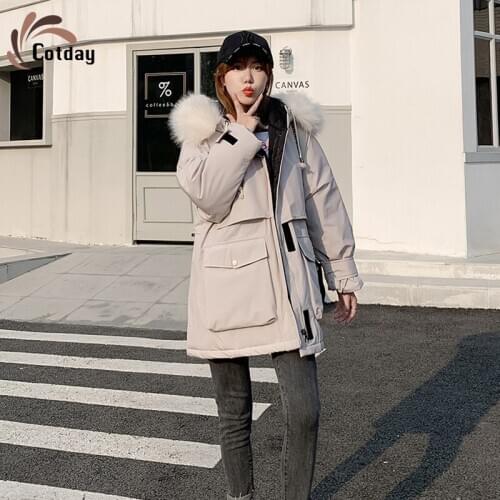 Cotday Cotton With Hooded Fur Thick Loose Long Medium Western Style White 2020 New Winter Warm Women Casual Pockets Coat