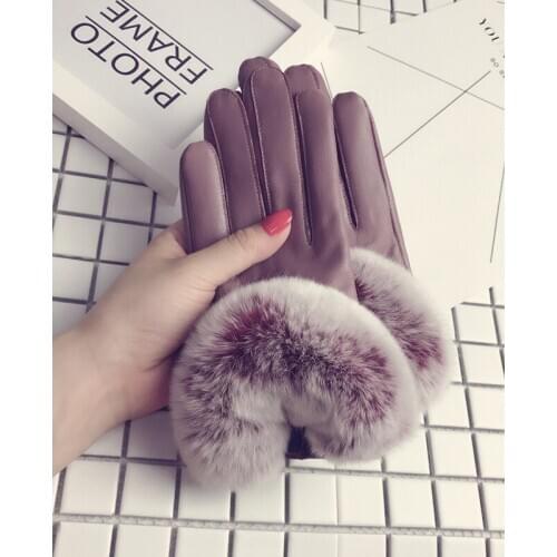 Real Rex rabbit hair leather gloves sheepskin Korean Version cute touch screen gloves women winter warm and plush