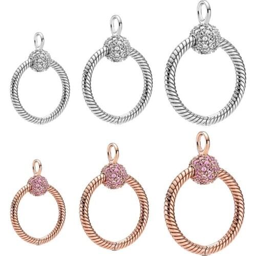 LByzHan 925 Sterling Silver Pink Rose Gold Small Silver Pave O Pendant Charm Fit Original Pan Charm Necklace Jewelry 2020 New