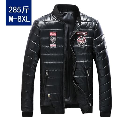 Winter jacket men plus size M~7XL 8XL embroidered pu leather jacket male College polo parka coat
