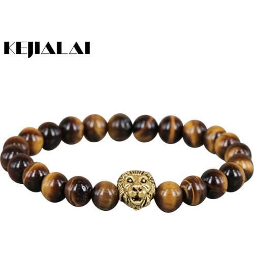 2017 New Beaded Bracelets 8mm Natural Yellow Tiger Eye Stone Beads Antique Lion Head Energy Bracelets For Men