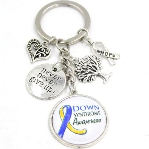 New Arrival Cabochon Blue and Yellow Ribbon Down Syndrom Awareness Jewelry Never give up hope Charms Keychain Keyrings Gift