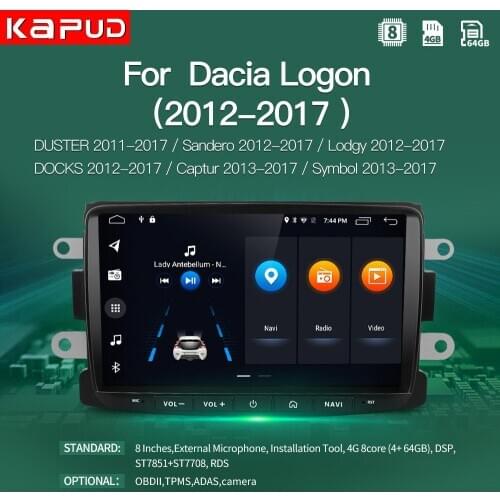 Kapud 8'' Android 10.0 Car GPS Navigation Radio Player For Dacia/Sandero/Duster/Captur/Lada/Xray/Logan/Symbol/Docks/Lodgy DSP BT