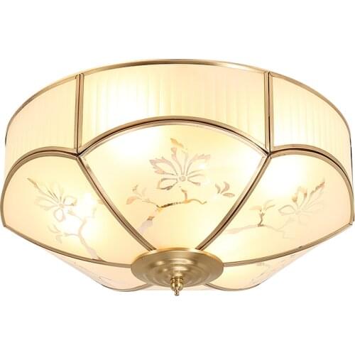 Full Copper Ceiling Lights European Retro Living Room Bedroom Balcony Glass Lighting Fixture Home Decoration E27 Ceiling Lamp