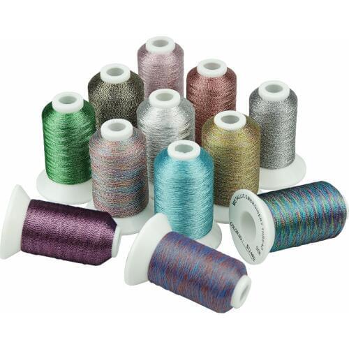 Popular metallic embroidery machine thread, 12 different colors in one box, 500m/cone