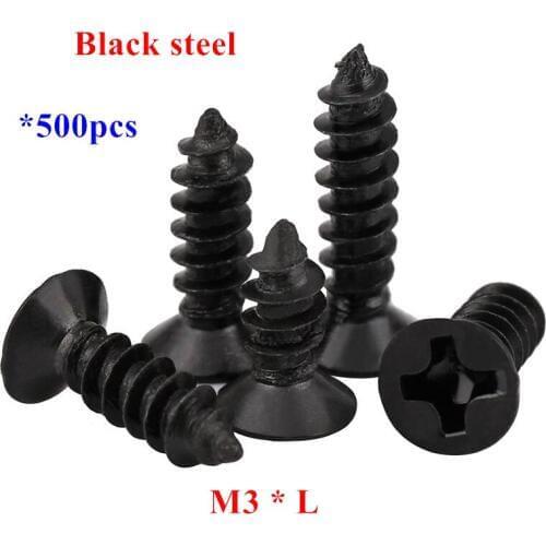 500pcs KA M3*6/8/10/12/16/20mm Flat Head Self Tapping Screws Black steel Laptop wood tapping screw