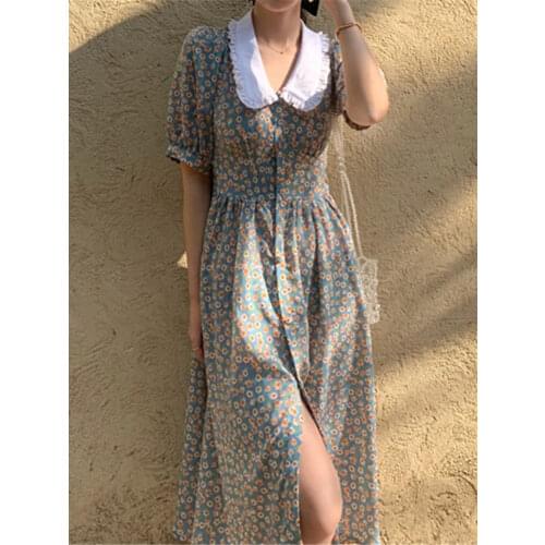 Women Chiffon Dress 2021 Summer Fashion Female Puff Sleeve Vintage Floral Print Peter Pan Collar Boho Dress Casual Vestidos