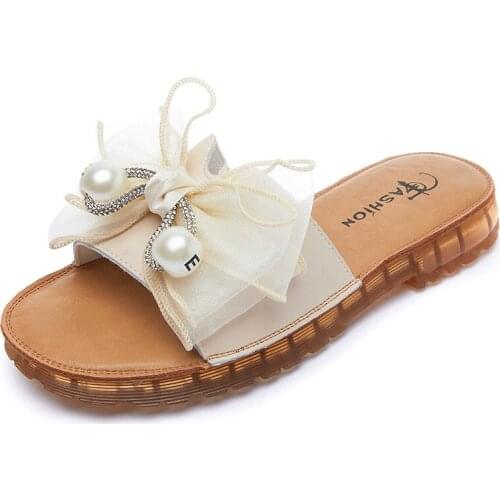 Cow leather slippers for women summer leather students with jelly soft soles and comfortable pearl bow flat topside sandals