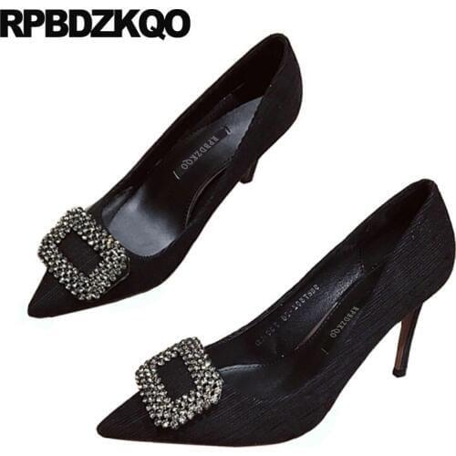 Evening diamond ladies yellow shoes crystal scarpin 2019 new chic rhinestone dress black high heels pumps size 4 34 pointed toe