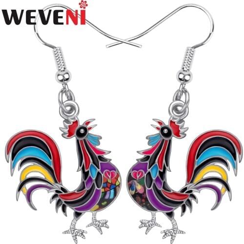 WEVENI Metal Enamel Alloy Floral Rooster Cock Earrings Long Lovely Animal Dangle Drop Jewelry For Girl Kid Novelty Birthday Gift