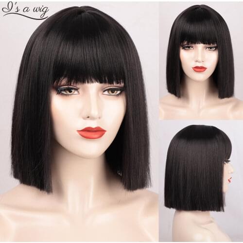 Is a wig Short Straight Black Wig with Bangs Synthetic Bob Wigs for Women Pink Red Purple Brown Cosplay Hair for Party Daily