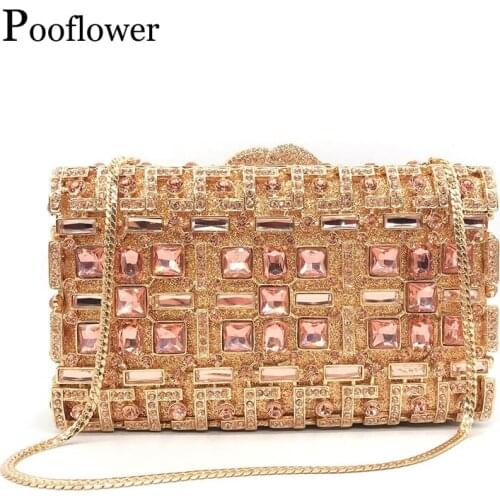 Pooflower sac mariage Rhinestone Chains Shoulder Bags for Women Diamond Wedding Party Clutch Purse Lady Luxury Evening Bag ZH414