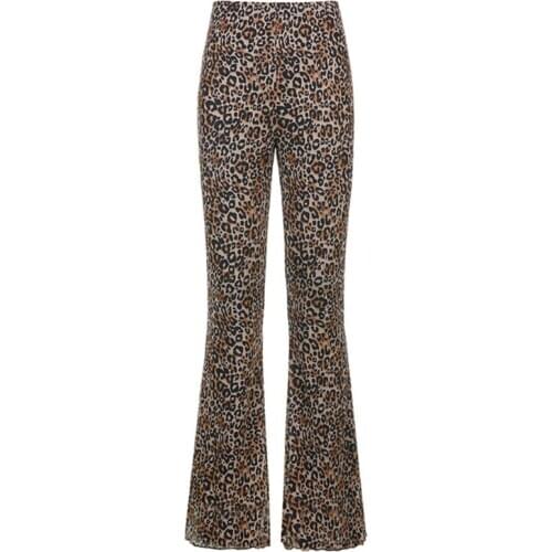Women Elastic High Waist Wide Leg Pants Vintage Leoaprd Flare Bell Bottom Skinny Trousers Double Layer Mesh Streetwear