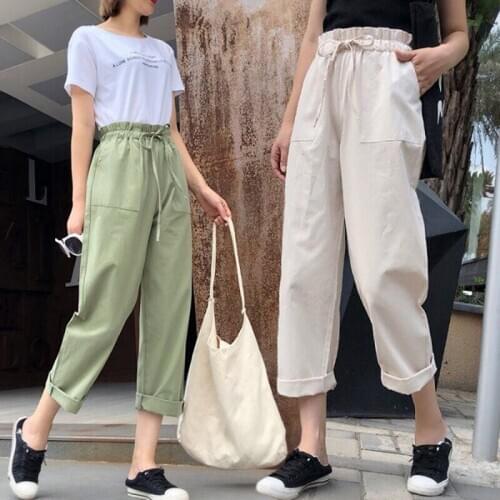 Women Cotton Elastic Waist Loose Wide Leg Pants Long Trousers Palazo Linen