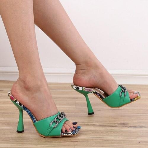 New Summer Chain Leopard Women Slippers Fashion Open Toe High Heels Shoes heel Sandals Pumps45fg