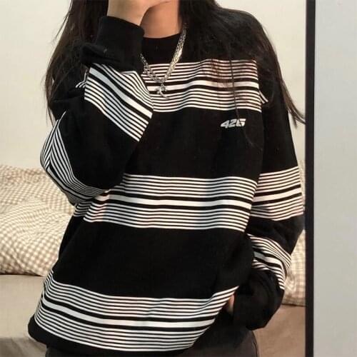 Calelinka 2021 Autumn Oversized Striped Cotton Sweatshirts For Women Crewneck Street Style Y2K Pullover KPOP Casual Baggy Tops