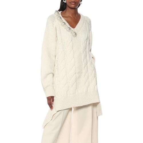 2 Ways Wear Womens Oversize Sweater 2021 Autumn Vneck Pearls Beading Loose Irregular Pullover Beige Large Size Lazy Lady Jumper