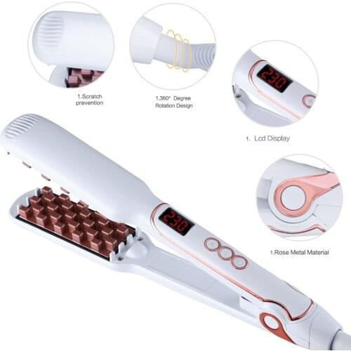 2 in 1 LCD Display Hair Straightener Curling Iron Beauty Salon Barber Styling Tools Corn Waves Curler Crimper White Gold