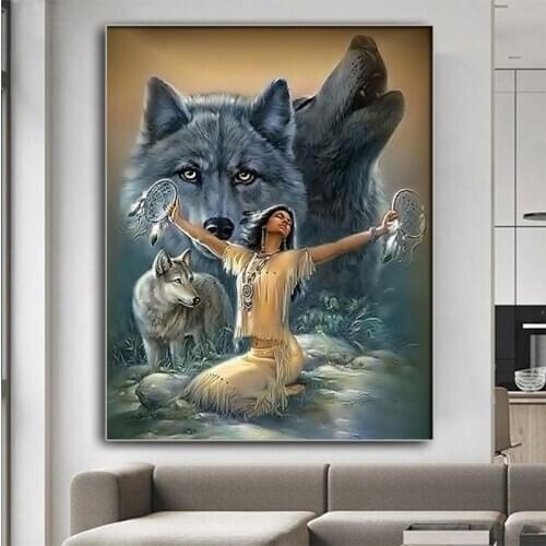 5d diy diamond painting loup india mosaic pictures of rhinestones “indian women and wolf” Home Decoration