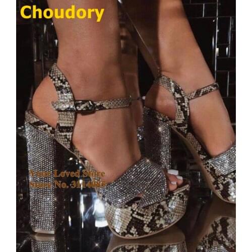 Choudory Bling Bling Silver Crystal Chunky Heel Sandals Sexy Grey Snakeskin Gladiator Shoes Platform Dress Pumps Dropship Heels