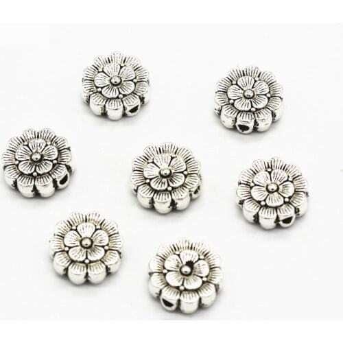 20 PCS 12mm*3.5mm Vintage Metal Alloy Antique Silver Color Spacer Beads Nepal Flowers Carved Beads For Jewelry Making