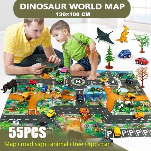 Dinosaur World Playmat Toys Set with Cars Trees& Signs Models Figure Toy Game Mat Educational Dino Interactive Childrens Toys