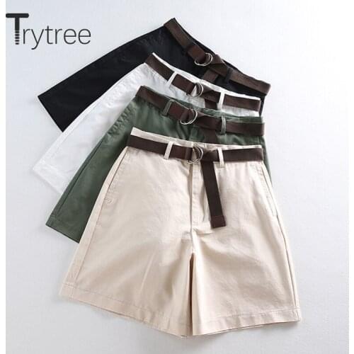 Trytree 2021 Summer Woman Casual Shorts Belt Loose Wide Leg Short Solid Cotton 4 Colours All-Purpose Style Office Lady Hot Pants