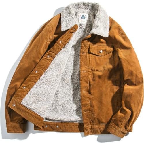 Men Corduroy Sherpa Fleece Lined Jacket Coat Japanese Outwear Leisure Winter Warm Wool Liner Coat Yellow Coat 914-677