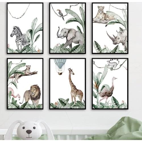 Wild Elephant Giraffe Lion Zebra Animals Wall Art Canvas Painting Nordic Posters And Prints Wall Pictures Kids Baby Room Decor