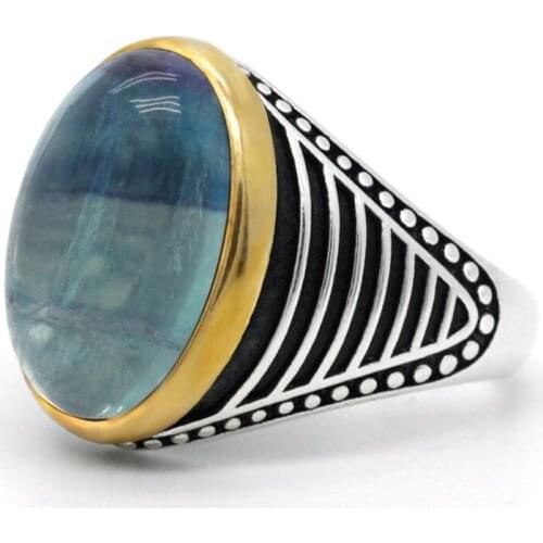 New Natural Fluorite Stone Ring for Men Women Jewelry Gift Silver 925 Lake Blue Stone Vintage Stripe Design Ring High Quality