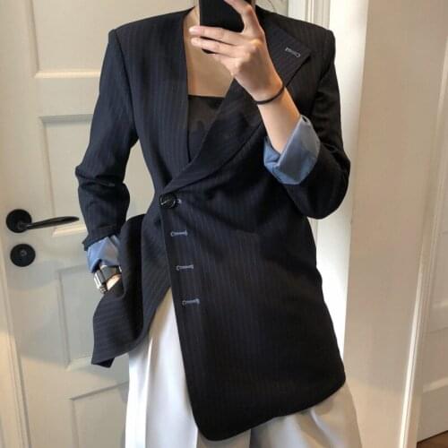 New Korea Women Trendy Suits Outwear Asymmetric Slant Black Blazer High-quality Stripes Loose Ladies Coat