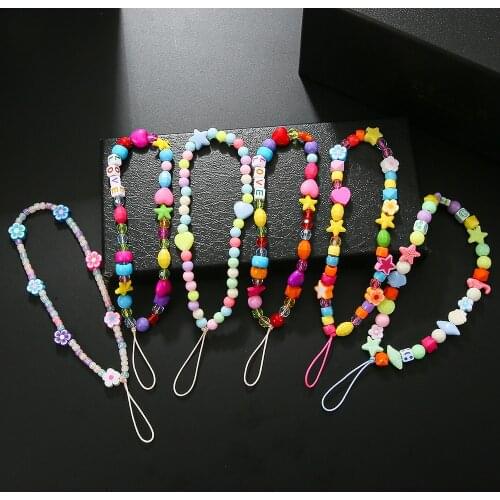 New Mobile Phone Strap Lanyard for Women Colorful Beads Smile Pearl Soft Pottery Rope for Cell Phone Case Anti-Lost Hanging Cord