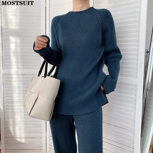 Solid Vintage Knitted Pants Set Women Full Sleeve Sweater + Wide Leg Pants Tracksuit Casual Basic Warm 2 Piece Pants Set 2021