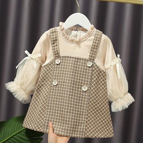 Baby Girls Clothes Spring Autumn Plaid Fake Two-Piece Puff Sleeve Princess Dress For Girls Fashion London Style Dress