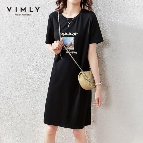 VIMLY Summer Dress For Women Fashion Letter Print Short Sleeve Tshirt Dress High Waist Casual Dresses Female Vestidos F7025